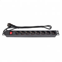 Блок розеток 19", 1U, в стойку, 8xSchuco, 220V, металлический корпус, шнур 2 м. (вилка)