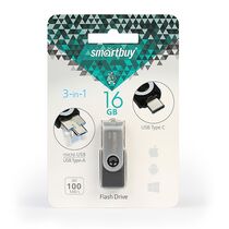 Флеш-накопитель Smartbuy 16Gb USB3.0 TRIO 3-in-1 OTG Серебристый (SB16GBTRIO)
