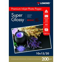 Фотобумага Lomond Super Glossy Bright, микропористая, суперглянцевая, А6, (148x105 мм) 200 гр/ м2, 20л (1101113) для струйной печати