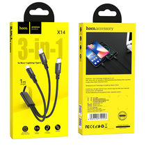 Кабель USB HOCO X14 3-in-1 Times speed (Type-C/ Lightning/ MicroUSB, 1м, плетеный, Черный)