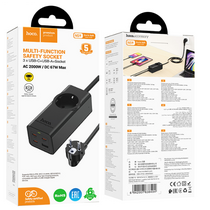 Сетевой фильтр 2 м HOCO NS9 Wisdom, 6 А, 2000 Вт, 1 розетка,1xUSB, 3хType-C, черный (6942007638494)