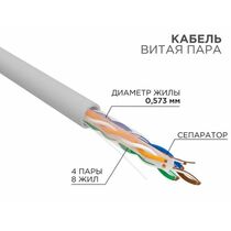 Кабель Cu UTP, Внутренний, 4x2x0.57, бухта 305м., Cat6, нг(А)-HF, Rexant (01-0067)