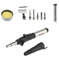 Паяльник-горелка с пьезоподжигом, газовый, 17мл, 6 насадок + припой + губка, коробка Rexant (12-0505)