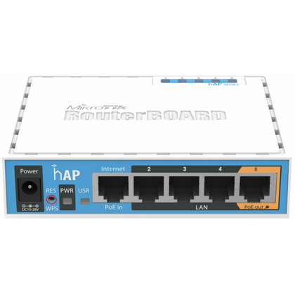 Точка доступа Mikrotik hAP RB951Ui-2nD [2.4 ГГц, стандарт 802.11b/ g/ n, 5х10/ 100 Мбит/ с, USB полноразмерный 2.0 Type A, до 1 А, PoE]