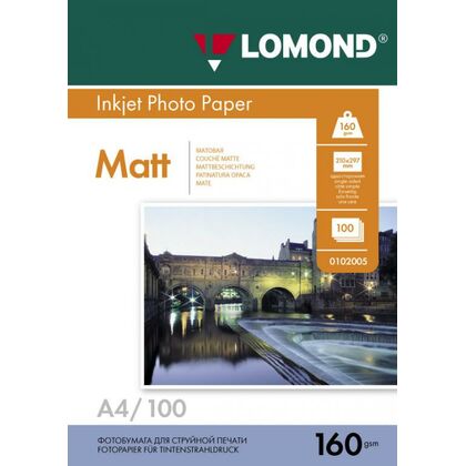 Фотобумага Lomond матовая, А4, 160 г/ м2, 100 л, для струйной печати (0102005)