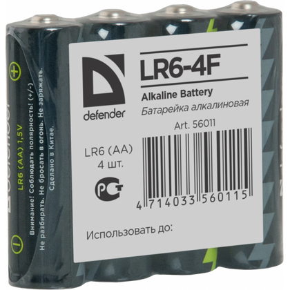 Батарейка Defender LR06, AA, щелочная, спайка 4шт, (56011) цена за упаковку