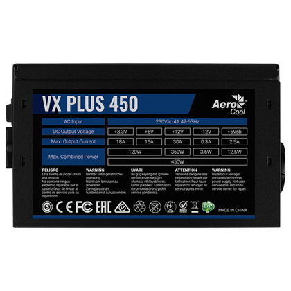 Блок питания 450 Вт AeroCool VX Plus 450W (20+4 pin,1*6+2pin, 2*Molex, 2*Sata, 120 мм)