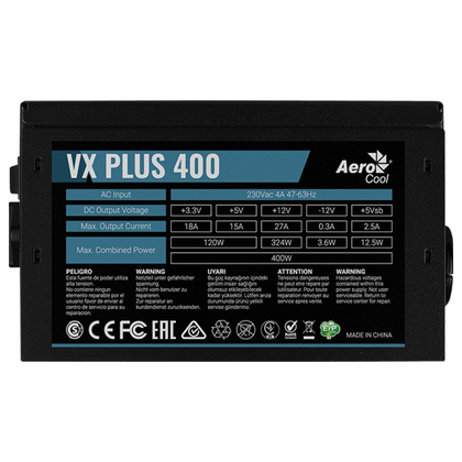 Блок питания 400 Вт AeroCool VX Plus 400W (20+4 pin,1*6+2pin, 2*Molex, 2*Sata, 120 мм)