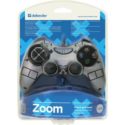 Геймпад проводной Defender Zoom USB Xinput вибрация, 10 кнопок, PC, серебристый (64244)