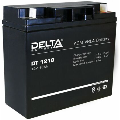 АКБ 12 V 18,0 Ah Delta (DT 1218) для использования в слаботочных системах, срок службы 3 - 5 лет.