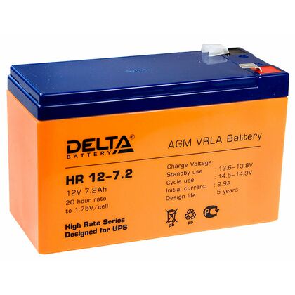 АКБ 12 V 7.2 Ah Delta (HR 12-7.2) для использования в ИБП, срок службы до 8 лет.