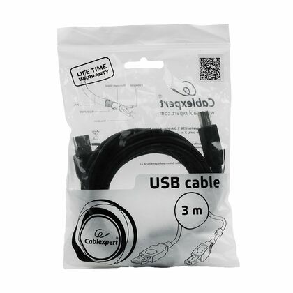 Кабель для принтера USB-A 2.0 - USB-B 3м, Gembird/ Cablexpert феритовое кольцо, экранированный, позолоченные контакты, черный (CCF-USB2-AMBM-10) пакет.