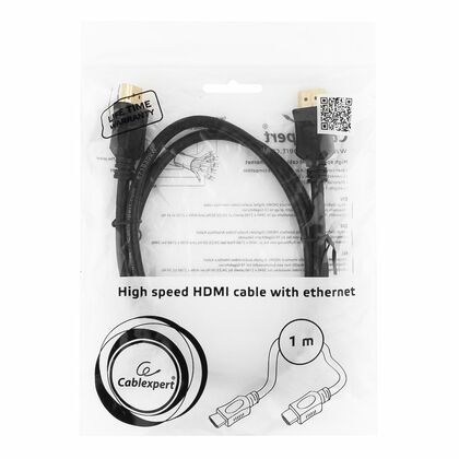 Кабель HDMI 1м Gembird/ Cablexpert v1.4 черный, позол. разъемы, экран, пакет (CC-HDMI4L-1M)