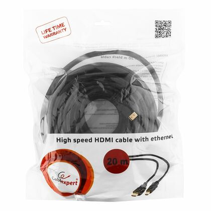 Кабель HDMI 20м Gembird/ Cablexpert v1.4 черный, позол. разъемы, экран, пакет (CC-HDMI4-20M)