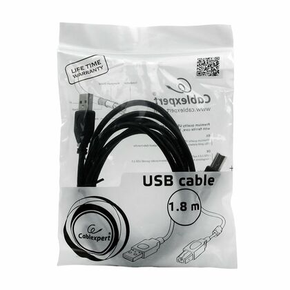 Кабель для принтера USB-A 2.0 - USB-B 1,8м, Gembird/ Cablexpert феритовое кольцо, экранированный, черный (CCF-USB2-AMBM-6) пакет.