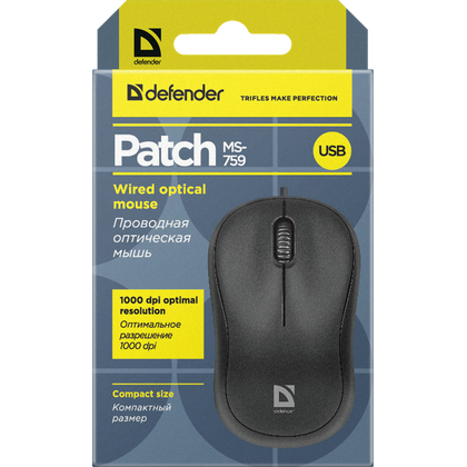 Проводная оптическая мышь Defender Patch MS-759 черный,3 кнопки,1000 dpi