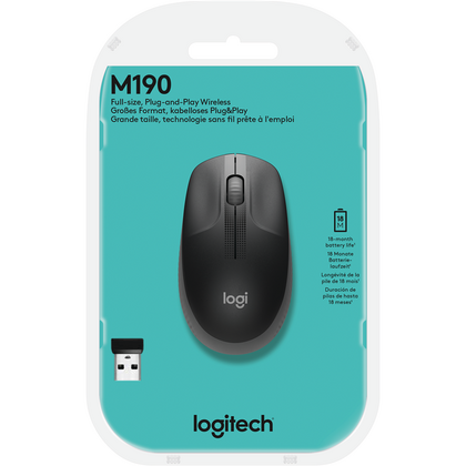 Мышь Logitech M190 оптическая, беспроводная, Радио USB, офисная, серый (910-005905)
