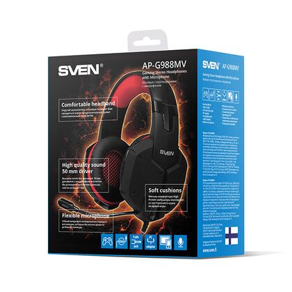 Наушники полноразмерные Sven AP-G988MV с микрофоном, игровые, mini jack 3.5 mm, черный/ красный (SV-014797)
