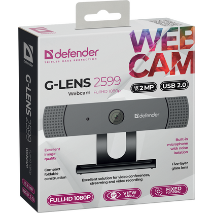 Web-камера Defender G-lens 2599 FullHD 1080p 2 Мп, с микрофоном, черный (63199)