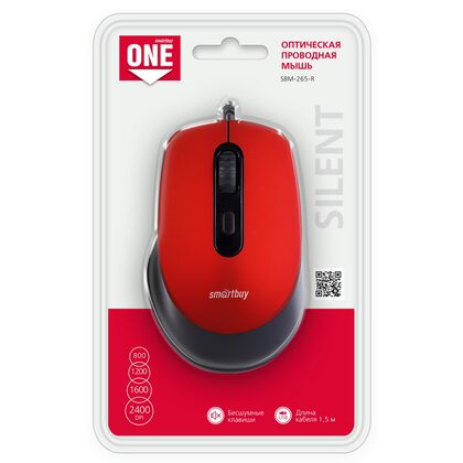Мышь Smartbuy ONE 265-R оптическая, проводная, USB, офисная, бесшумный клик, красный (SBM-265-R)