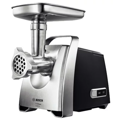 Мясорубка Bosch MFW68660 черный/ серебристый (2200 Вт; скоростей - 1; насадки: для колбас/ кеббе/ шинковки/ тёрка/ соковыжималка; 4.3 кг/ мин)