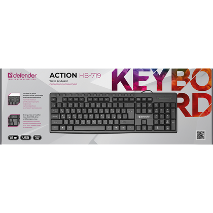 Клавиатура Defender Action HB-719, проводная, мультимедийная, USB, черный (45719)