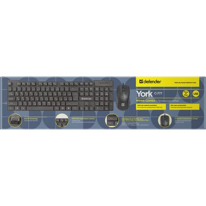 Комплект (клавиатура +мышь) Defender York C-777 проводной, мультимедийный, USB, черный (45779)