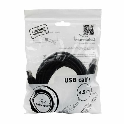 Кабель для принтера USB-A 2.0 - USB-B 4,5м, Gembird/ Cablexpert феритовое кольцо, позолоченные контакты, черный (CCF-USB2-AMBM-15) пакет.