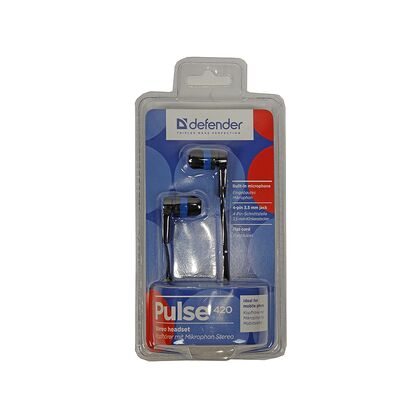 Наушники Defender Pulse-420 с микрофоном, mini jack 3.5 mm, черный/ синий (63423)