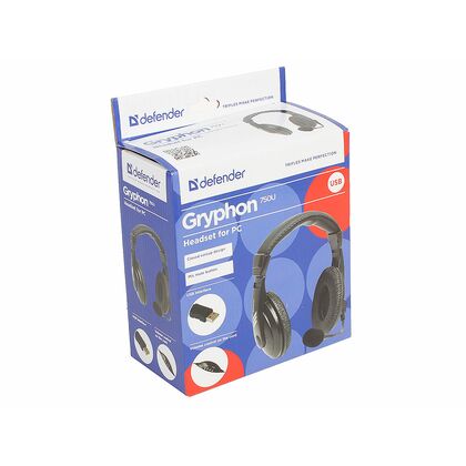 Наушники полноразмерные Defender Gryphon 750U с микрофоном, USB, черный  (63752)