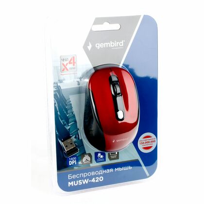 Мышь Gembird MUSW-420-1 оптическая, беспроводная, USB, игровой "премиум", красный (MUSW-420-1)
