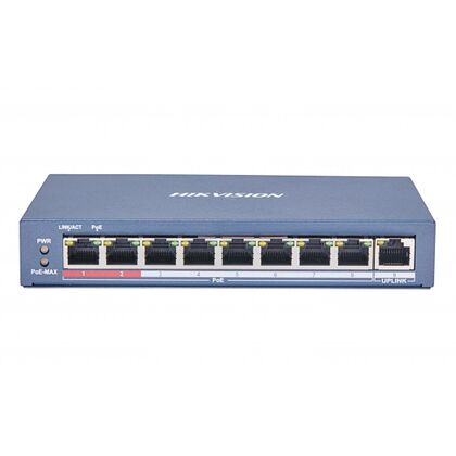 Неуправляемый POE-коммутатор 09 портов: Hikvision DS-3E0109P-E(C) (9x10/ 100Мбит/ с; 8xPOE; PoE‑бюджет 115 Вт) корпус - металл