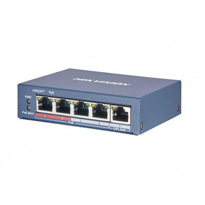 Неуправляемый POE-коммутатор 05 портов: Hikvision DS-3E0105P-E/ M(B) (5x10/ 100Мбит/ с; 4xPOE; PoE‑бюджет 35 Вт) корпус - металл