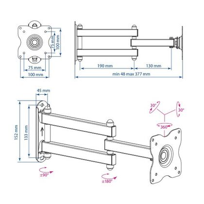 Крепление для ТВ наклонно-поворотное 15"-28" Kromax  нагрузка max 30 кг, наклон -15°/ +15°, поворот 180°, от стены 48-377 мм , белый (DIX-15)