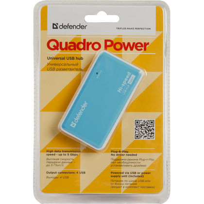 USB Хаб Defender Quadro Power блок питания 2A USB 2.0, 4 порта (83503)