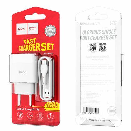 Сетевое зарядное устройство HOCO C72A Glorious (1xUSB, 2.1A+micro-USB.Белый)