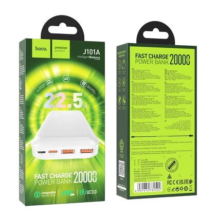 Внешний аккумулятор HOCO J101A Astute 20000mAh, USB 2A x2, Type-C PD20 x1, QC3.0, индикатор заряда, пластик, белый