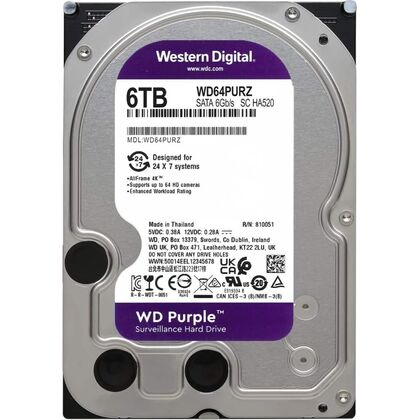 Жесткий диск HDD 3.5" SATA: 6000 Гб WD Purple [5400 rpm, 256 Мб, Sata 3 (6 Gbit/ s)] WD64PURZ