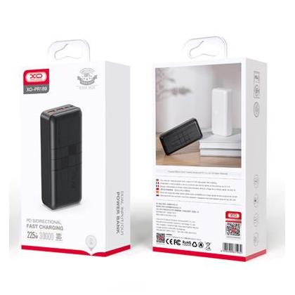 Внешний аккумулятор 30000mAh -XO- PR189, USB x2, Type-C PD20 x1, QC3.0, дисплей, пластик, черный