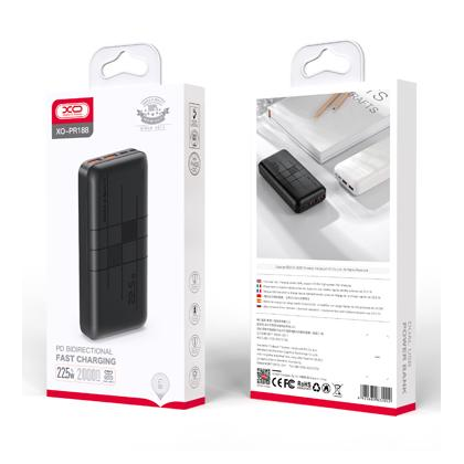Внешний аккумулятор 20000mAh -XO- PR188, USB x2, Type-C PD20 x1, QC3.0, дисплей, пластик, черный