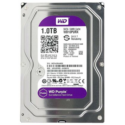 Жесткий диск HDD 3.5" SATA: 1000 Гб WD Purple [5400 rpm, 64 Мб, Sata 3 (6 Gbit/ s)] WD10PURX-FR