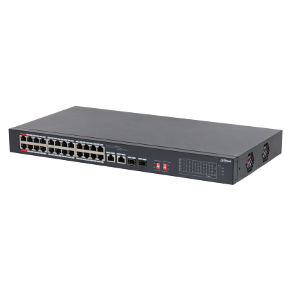 Неуправляемый коммутатор 26 портов Dahua DH-S3226-24ET-375 ( 24x100Мбит/ с, 2хRJ45/ SFP, 24xPOE, PoE‑бюджет 375 Вт) корпус - металл