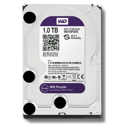 Жесткий диск HDD 3.5" SATA: 1000 Гб WD Purple [5400 rpm, 64 Мб, Sata 3 (6 Gbit/ s), Восстановленный на заводе] WD10PURZ-FR
