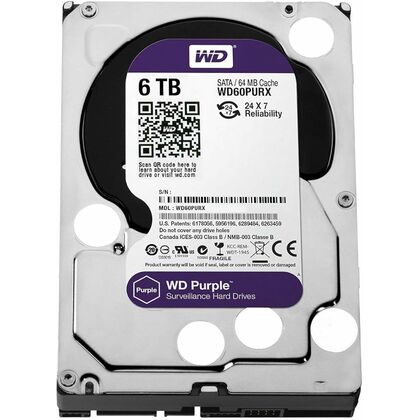 Жесткий диск HDD 3.5" SATA: 6000 Гб WD Purple [5400 rpm, 64 Мб, Sata 3 (6 Gbit/ s), Восстановленный на заводе] WD60PURX-FR