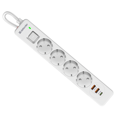 Сетевой удлинитель 1.5 м Defender DFS 141, 16 А, 3680 Вт, 4 розетки,2xUSB, 1хType-C, белый (99433)