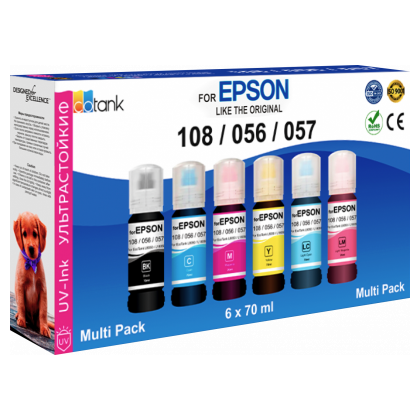 Чернила Epson EcoTank 108/ 056/ 057 (B/ C/ M/ LC/ LM/ Y*70мл) (L8050/ L18050/ L8058/ L18058) комплект 6 цветов*70мл. Revcol UV Ультрастойкие