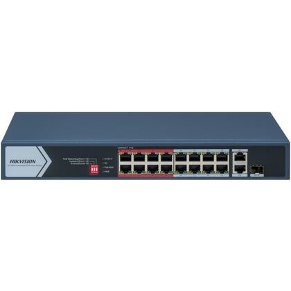 Неуправляемый POE-коммутатор 18 портов Hikvision DS-3E0318P-E/ M(C) ( 16x100Мбит/ с 1x1Гбит/ с, 1хRJ45/ SFP, 16xPOE, PoE‑бюджет 130 Вт) корпус - металл