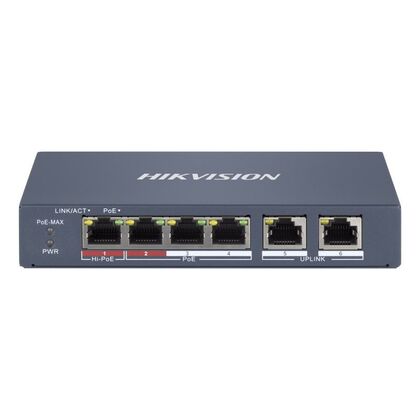 Управляемый PoE-коммутатор 06 портов Hikvision DS-3E1106HP-EI (6х100Мбит/ с, 4хPoE, PoE‑бюджет 60 Вт) начального уровня