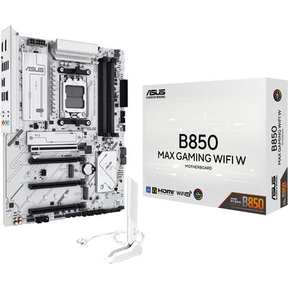 Материнская плата Asus AM5: B850 MAX GAMING WIFI W [B850, 4*DDR5, 4*PCI Ex16, 4*SATA3, 3*M.2, 2*USB 2, 6*USB3, HDMI, DP, ATX]