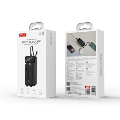 Внешний аккумулятор 30000mAh -XO- PR276 Встроенные провода, Выход USB-A PD22 x1, Выход USB-C PD18 x1, Выход USB-C PD20 x1, QC3.0, дисплей, пластик, че